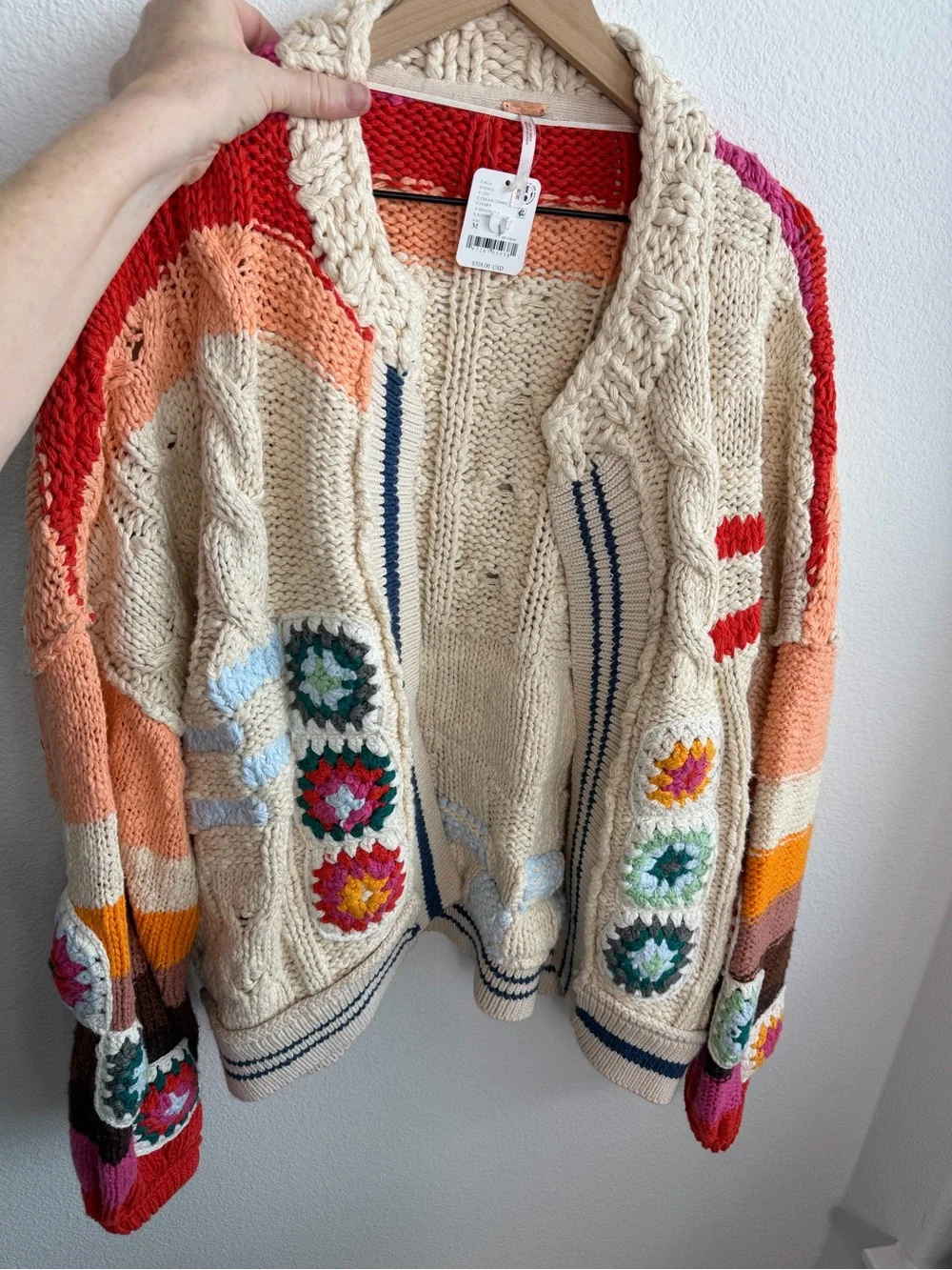 Free People Clear Skies Cardi Granny Square Chunky Knit Medium NWT Sold Out - Picture 3 of 5
